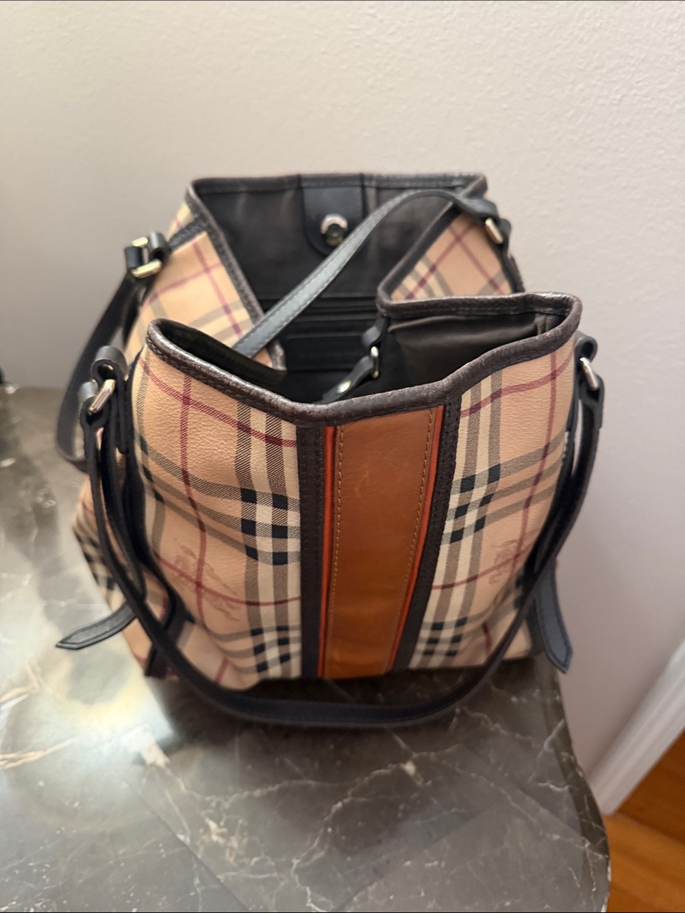 Burberry Beige Plaid Shoulder Bag with Tan Leather Stripe